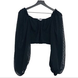 HYFVE Boho Sheer Balloon Sleeve Swiss Dots Smocked Corset Cropped Top